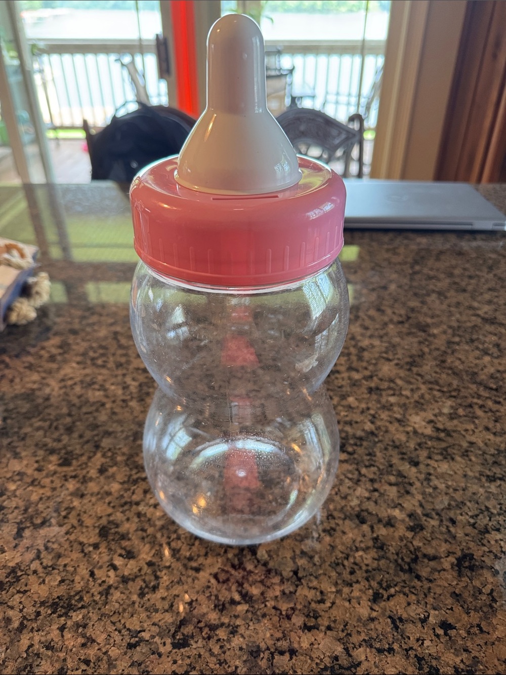 Clear Baby Bottle coin bank with Pink Cap and White Nipple “new”. 14”